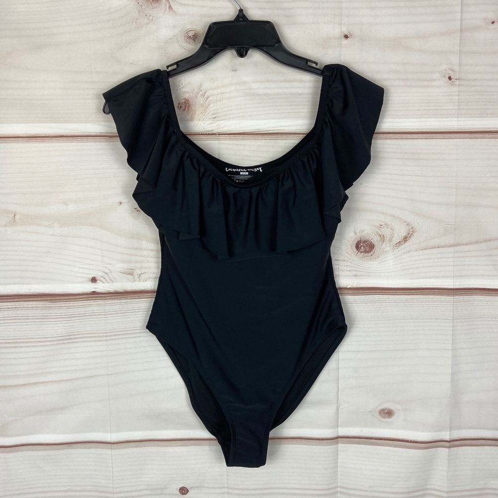 Cabana Del Sol Swimsuit Womens Medium Black Ruffled Off The Shoulder One Piece